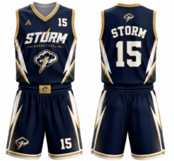 Storm navy and gold custom basketball uniform showing front and back of jersey and shorts