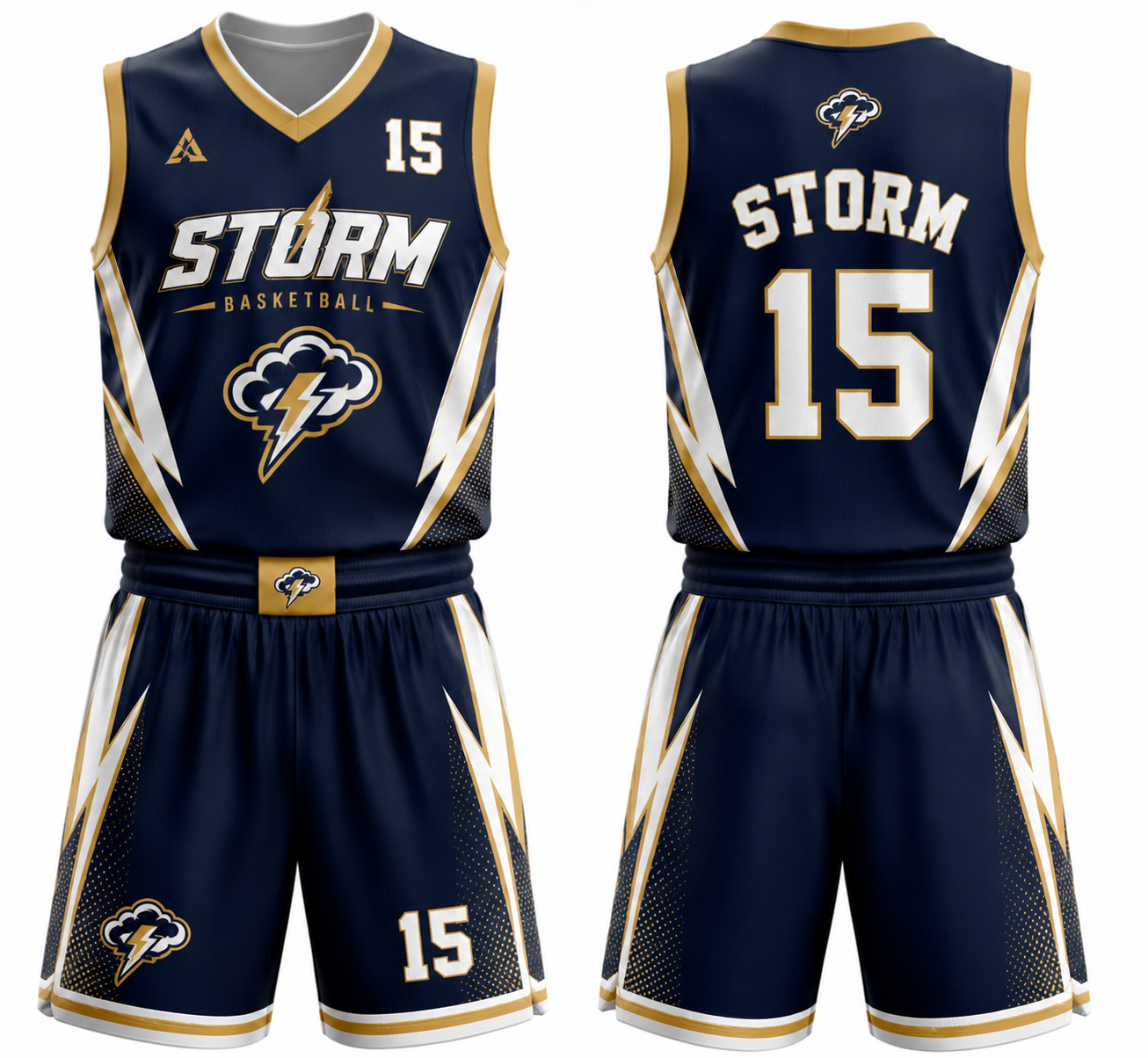 Storm navy and gold custom basketball uniform showing front and back of jersey and shorts