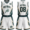 Astral white and green custom basketball uniform with jersey and shorts, front and back