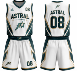 Astral white and green custom basketball uniform with jersey and shorts, front and back