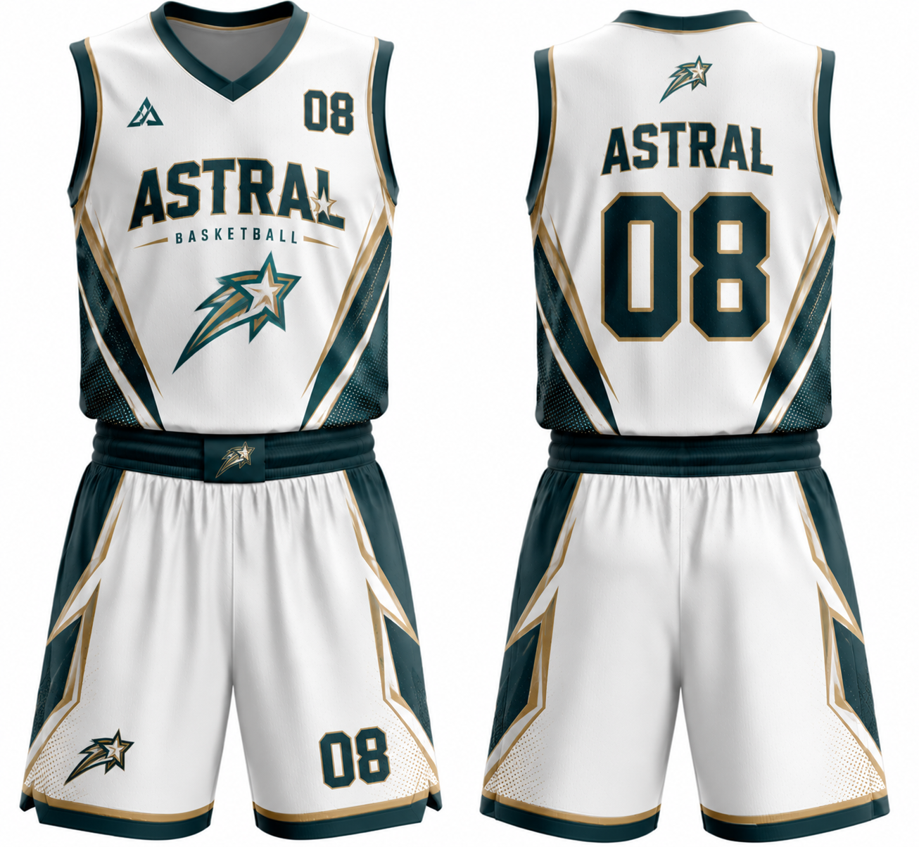 Astral white and green custom basketball uniform with jersey and shorts, front and back
