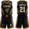 Vortex black and gold custom basketball uniform with jersey and shorts, front and back