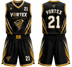 Vortex black and gold custom basketball uniform with jersey and shorts, front and back