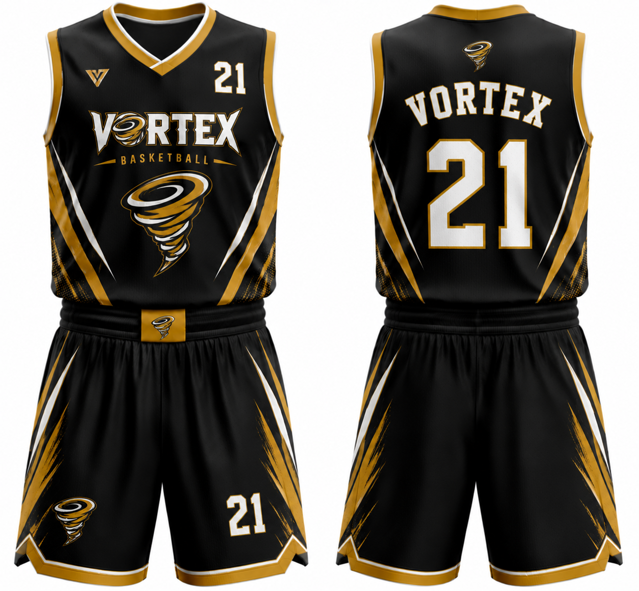 Vortex black and gold custom basketball uniform with jersey and shorts, front and back