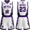 Nexus white and purple custom basketball uniform with jersey and shorts, front and back