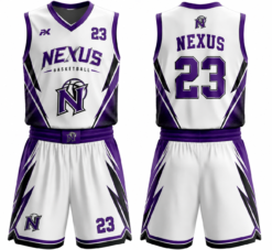 Nexus white and purple custom basketball uniform with jersey and shorts, front and back