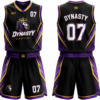 Dynasty black and purple custom basketball uniform with crown logo and number 07