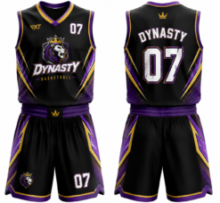 Dynasty black and purple custom basketball uniform with crown logo and number 07