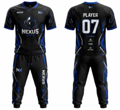 Nexus black and blue custom esports jersey and pants with sublimated team graphics