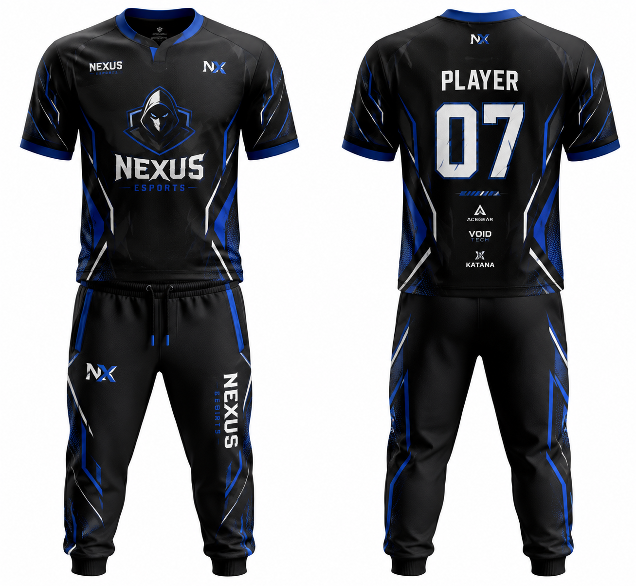 Nexus black and blue custom esports jersey and pants with sublimated team graphics