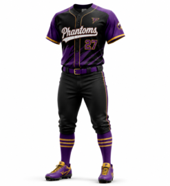 Phantoms purple and black sublimated baseball uniform on a full player mockup