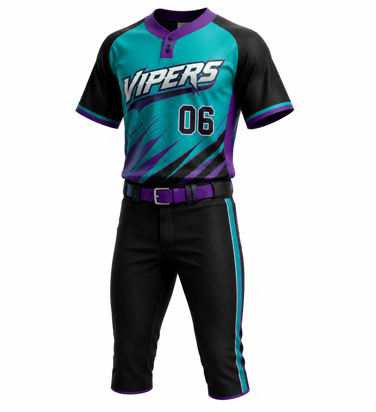 Vipers teal and purple sublimated baseball uniform with black pants