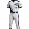 White and navy custom baseball uniform with red trim and full button jersey