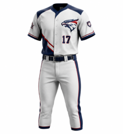 White and navy custom baseball uniform with red trim and full button jersey