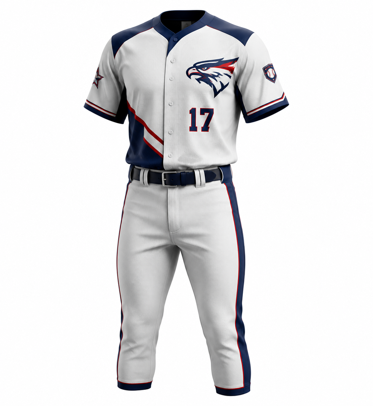 White and navy custom baseball uniform with red trim and full button jersey
