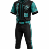 Teal and black custom baseball uniform with sublimated sleeve print and black pants