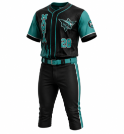 Teal and black custom baseball uniform with sublimated sleeve print and black pants