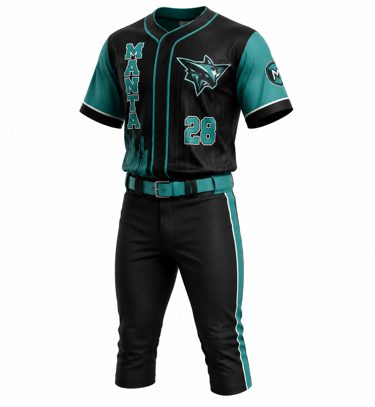 Teal and black custom baseball uniform with sublimated jersey and knicker pants
