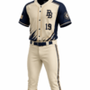 Cream and navy custom baseball uniform with BB team crest and number 19