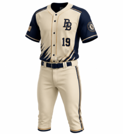 Cream and navy custom baseball uniform with BB team crest and number 19