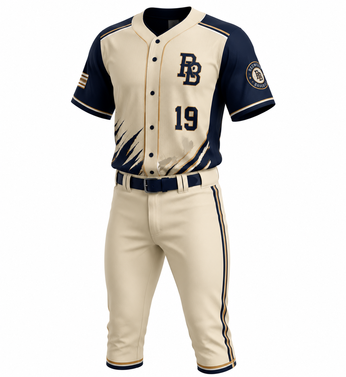 Cream and navy custom baseball uniform with BB team crest and number 19