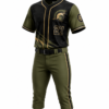 Olive green and black custom baseball uniform with gold piping and belt