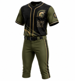 Olive green and black custom baseball uniform with gold piping and belt