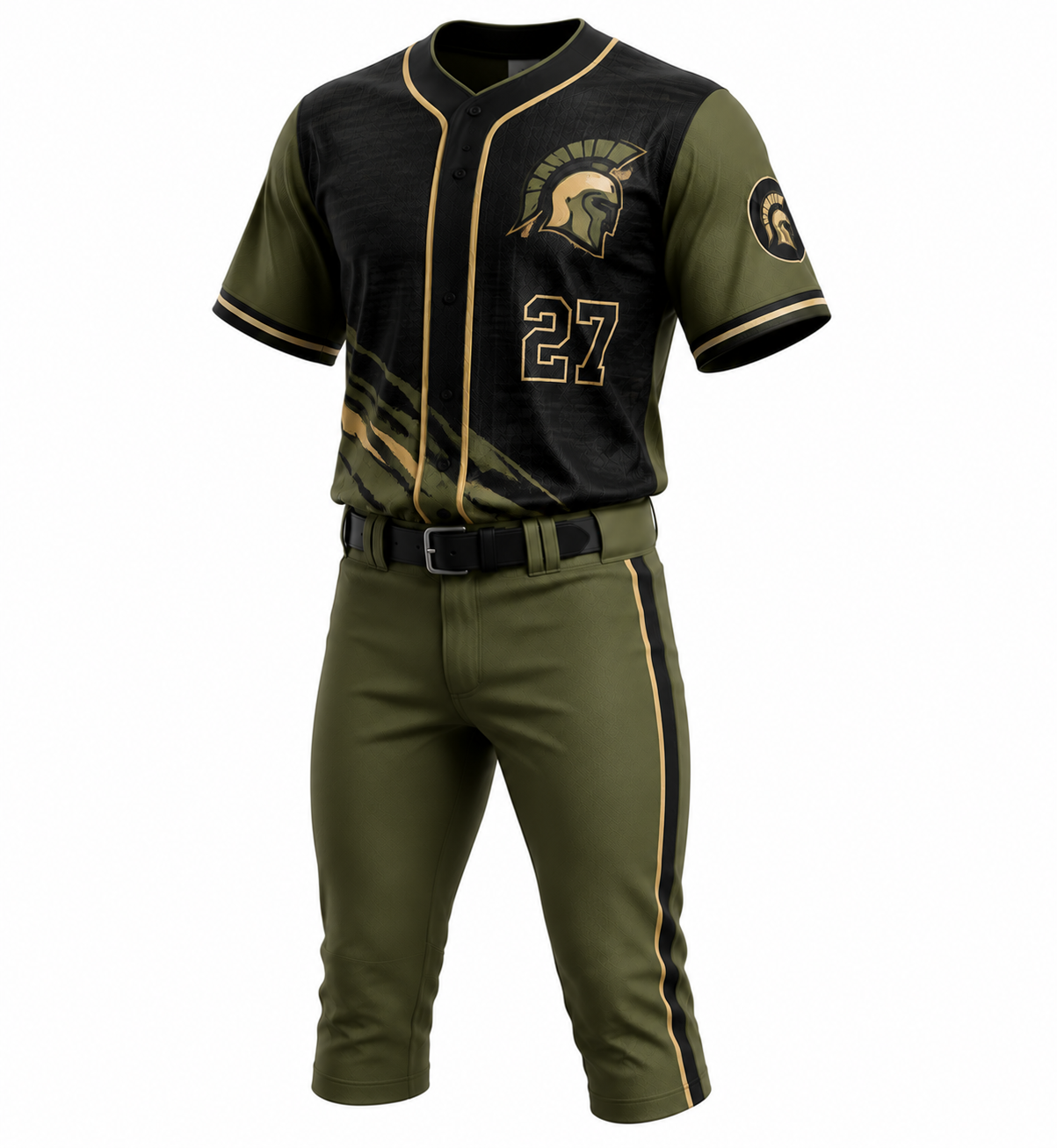Olive green and black custom baseball uniform with gold piping and belt