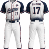 Custom Falcons baseball uniform in white and navy with sublimated jersey and pants