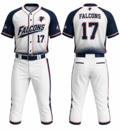 Custom Falcons baseball uniform in white and navy with sublimated jersey and pants