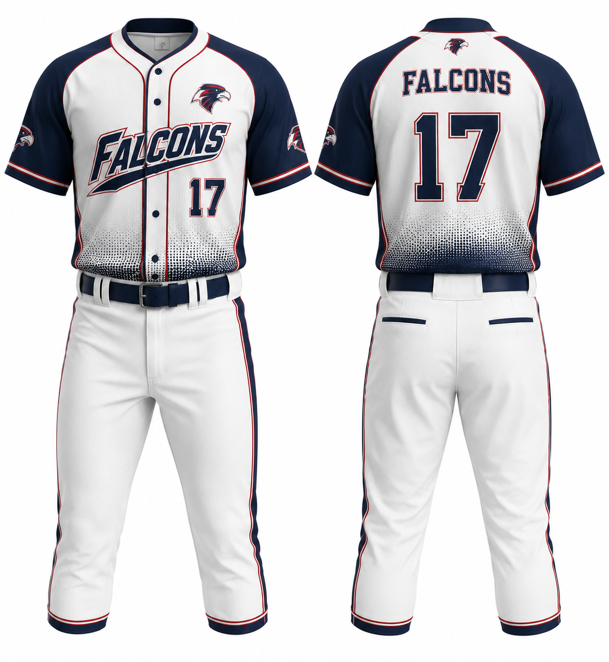 Custom Falcons baseball uniform in white and navy with sublimated jersey and pants