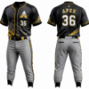 Custom Apex baseball uniform in black and gold with grey pinstripe baseball pants