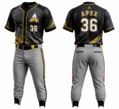 Custom Apex baseball uniform in black and gold with grey pinstripe baseball pants