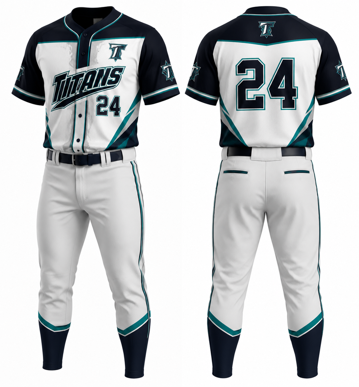 Titans white and teal custom baseball uniform with front and back jersey view