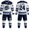 Glacier Hockey white and navy custom ice hockey uniform with jersey, shorts and socks