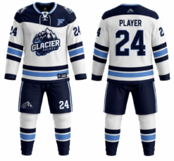 Glacier Hockey white and navy custom ice hockey uniform with jersey, shorts and socks