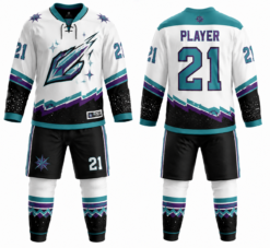 White teal and purple custom ice hockey uniform with snowflake sublimation and number 21
