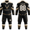 Velocity Hockey black and gold custom ice hockey uniform with jersey, shorts and socks