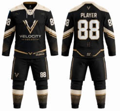 Velocity Hockey black and gold custom ice hockey uniform with jersey, shorts and socks