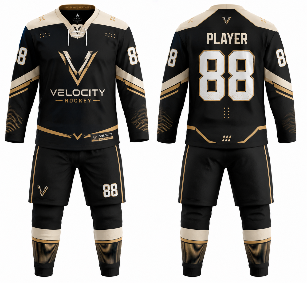 Velocity Hockey black and gold custom ice hockey uniform with jersey, shorts and socks