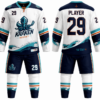 Kraken Hockey white and navy custom ice hockey uniform with teal wave graphics