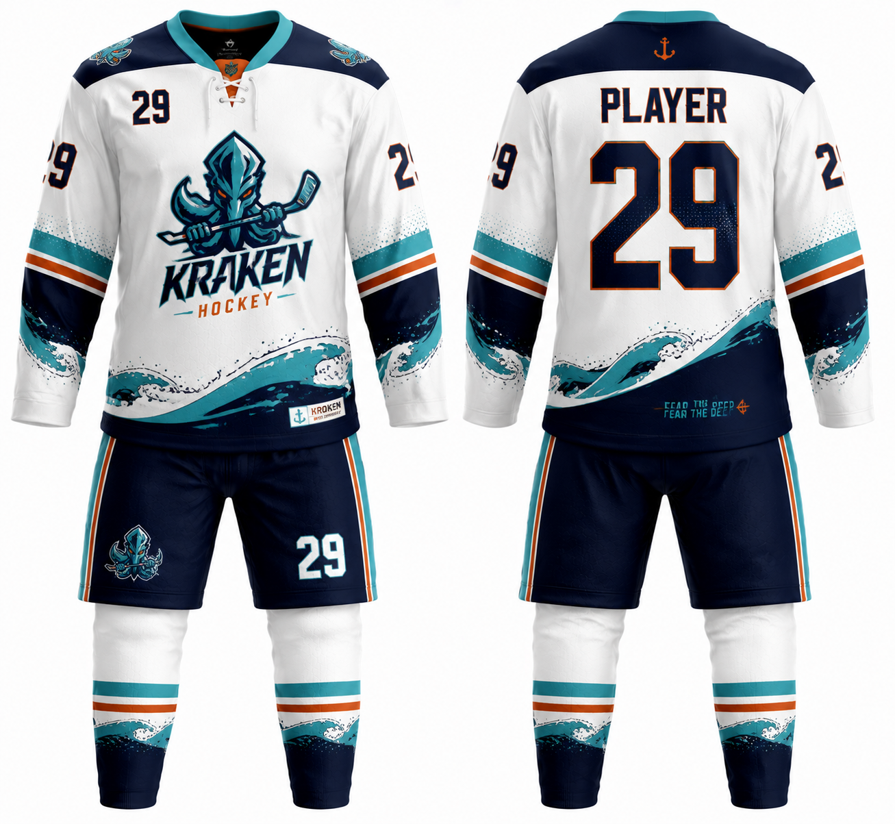 Kraken Hockey white and navy custom ice hockey uniform with teal wave graphics