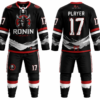 Ronin Hockey black and red custom ice hockey uniform with jersey, shorts and socks