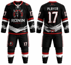 Ronin Hockey black and red custom ice hockey uniform with jersey, shorts and socks