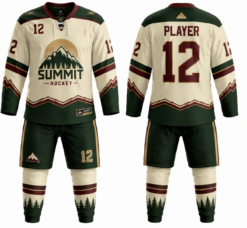 Summit Hockey cream and green custom ice hockey uniform with jersey, shorts and socks