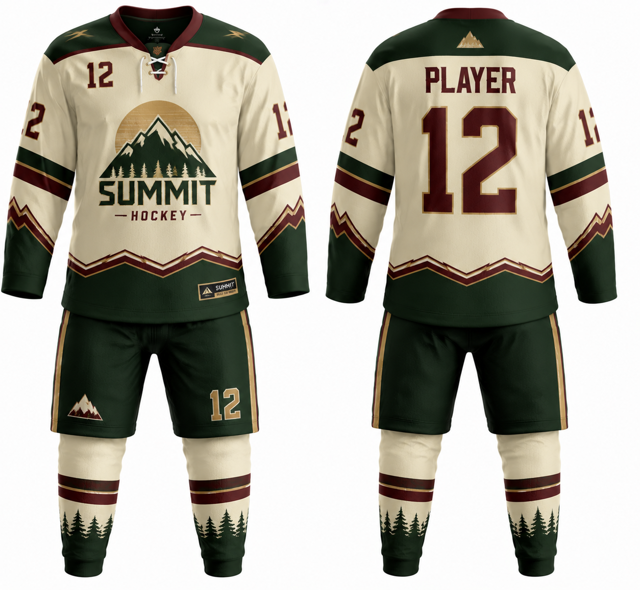 Summit Hockey cream and green custom ice hockey uniform with jersey, shorts and socks