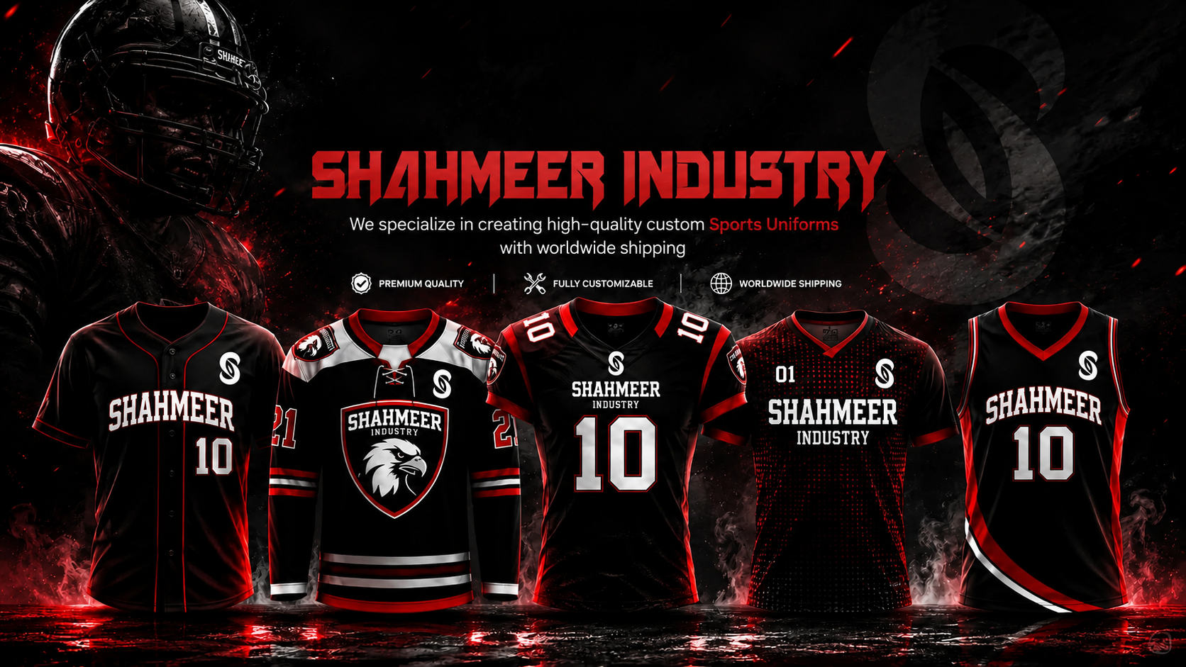 Shahmeer Industry sportswear banner showing custom hockey, basketball and team kits
