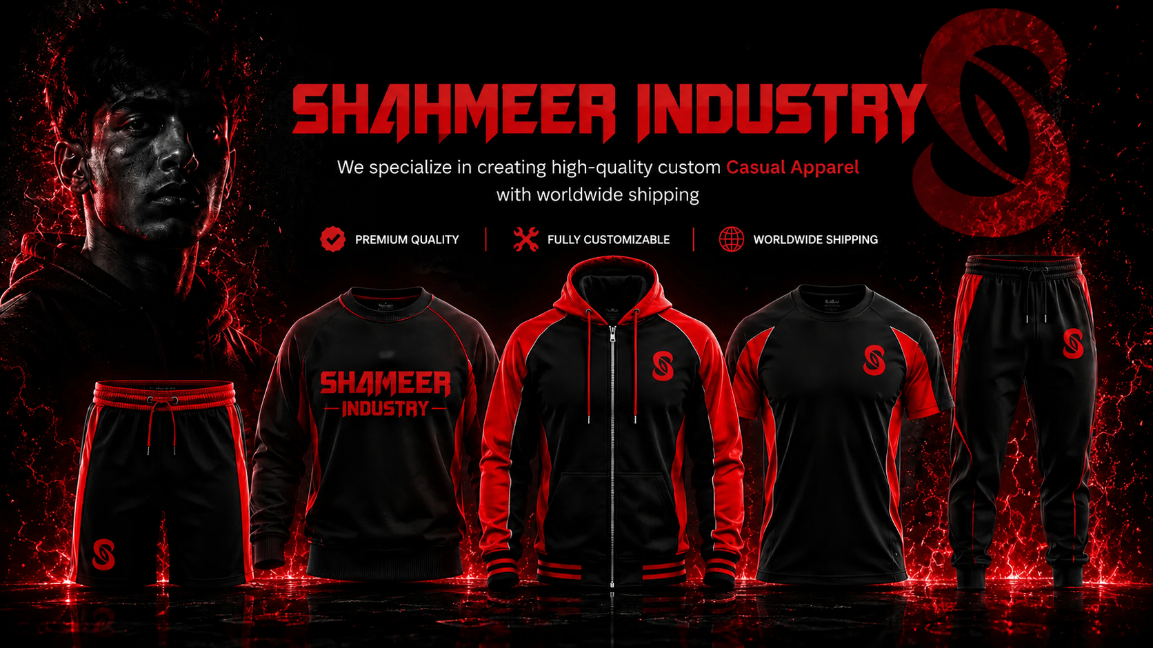 Shahmeer Industry casual apparel banner showing hoodies, tracksuits and tops
