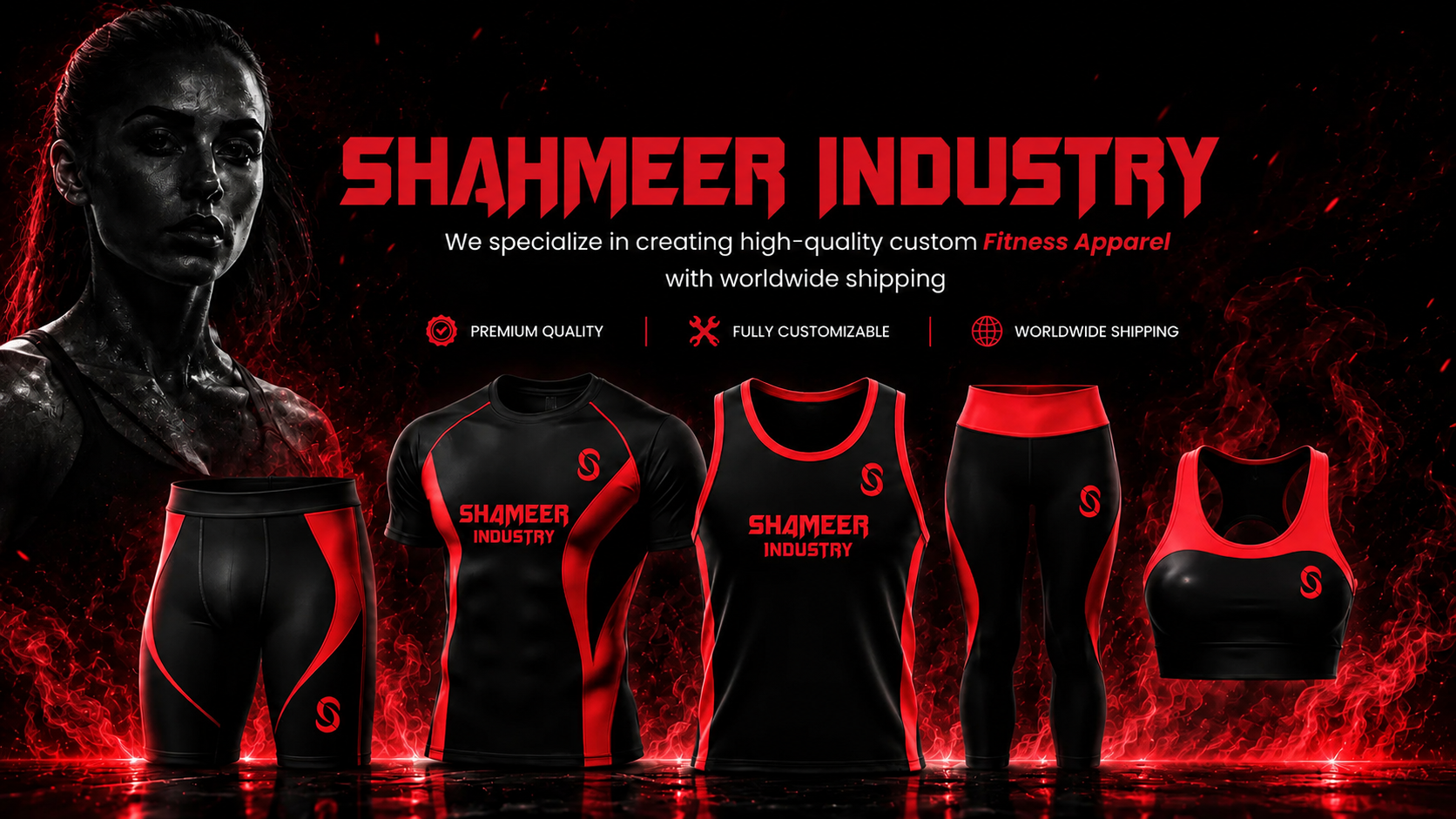 Shahmeer Industry fitness apparel banner showing gym tops, leggings and vests