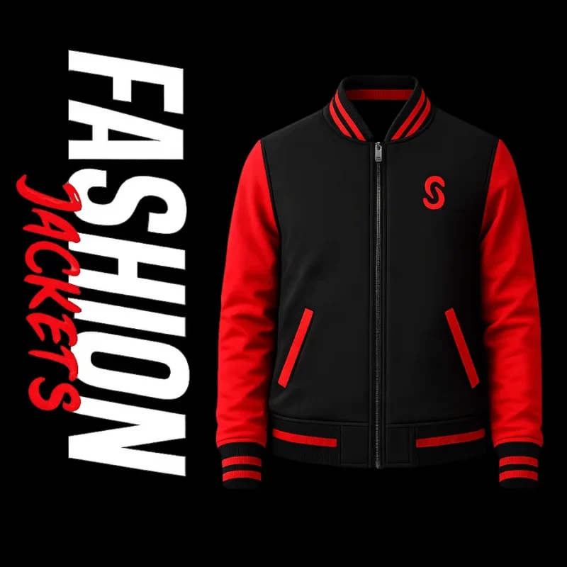 Fashion jackets category tile showing a black and red varsity bomber jacket